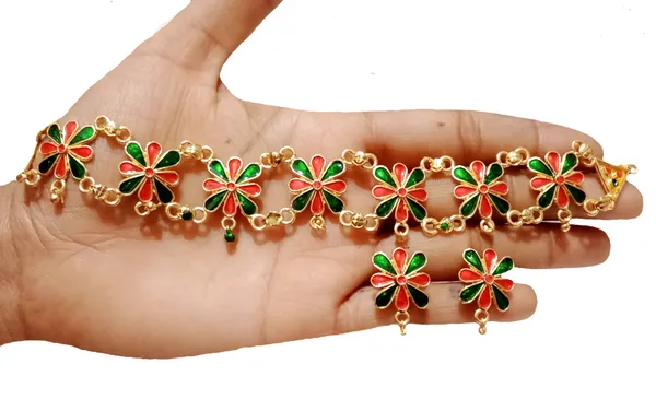 Assamese_Traditional_Gold_Plated_Red_Green_Colour_Golpata_Necklace_Set_For_Women